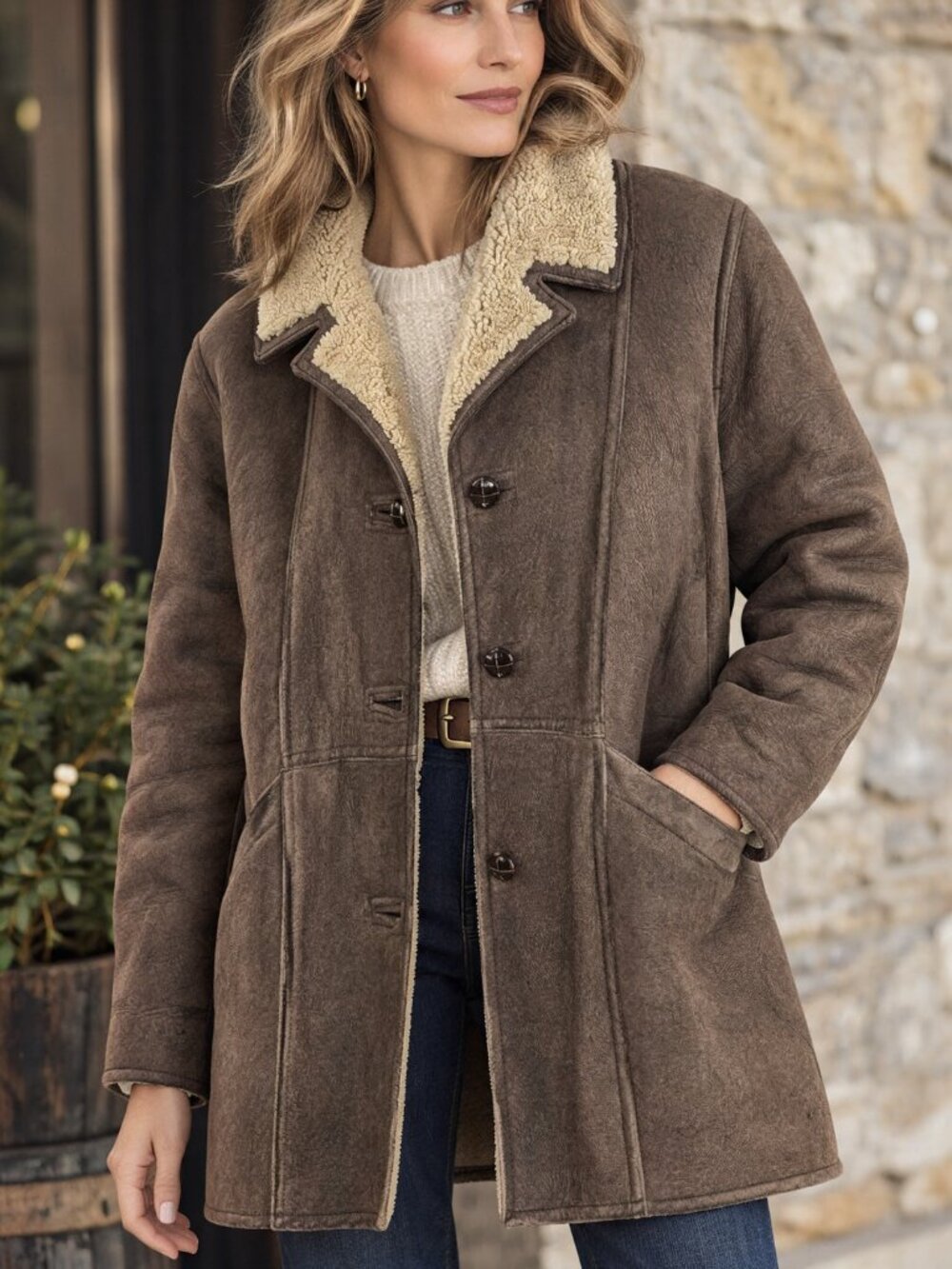 Vintage Brown Sheepskin Shearling Leather Ranch Coat L Made in England Eaton's